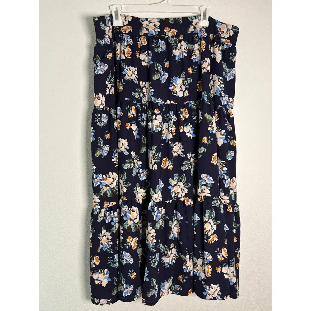 LC Lauren Conrad Navy Floral Tiered Midi Skirt Plus Size 2X Boho Cottagecore